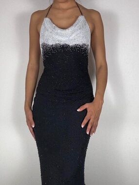 Y2k CACHE BLACK AND WHITE BEADED HALTER DRESS